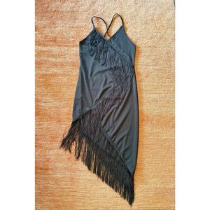 Black Fringe Asymmetrical Slip Dress Size M Spaghetti Straps